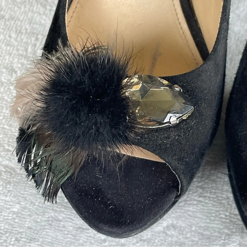 Enzo Angiolini Black Jeweled Black Suede Chunky Heel Platform Pumps. Size 9
